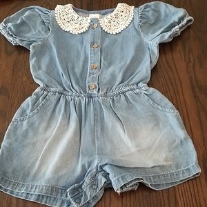 Next Blue Denim Romper with Lace Collar. Size 1 1/2-2T